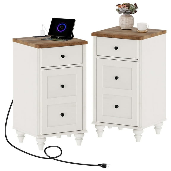 WAMPAT Set of 2 Farmhouse End Table with Charging Station, White Side Table with Drawer & Storage Cabinet, Wood Nightstands with Power Outlets & USB Ports for Living Room, Bedroom