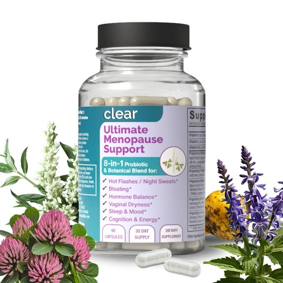 Clear Ultimate Menopause Support – Herbal & Probiotic Blend for Hot Flashes, Night Sweats, Vaginal Dryness & Hormone Balance – with Black Cohosh, Maca, DIM, Dong Quai & Red Clover – 60 Capsules