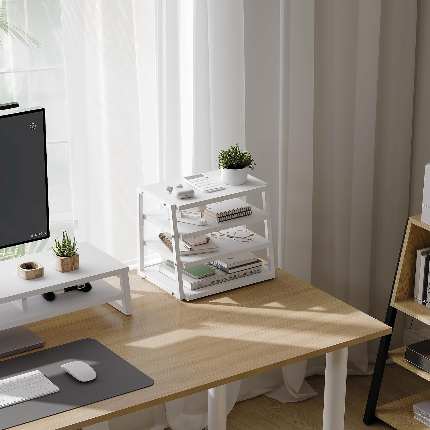 Fenge 4-Tier Desktop Shelf Organizer with Wood and Metal Storage, Black