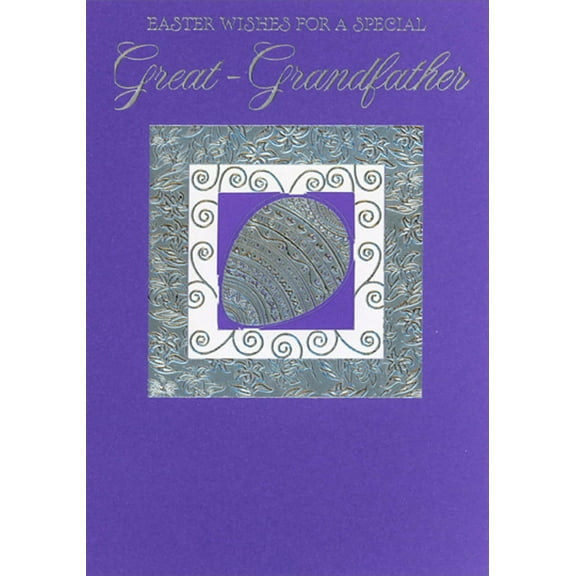Designer Greetings Embossed Silver Foil Egg in Die Cut Window on Purple Great-Grandfather Easter Card