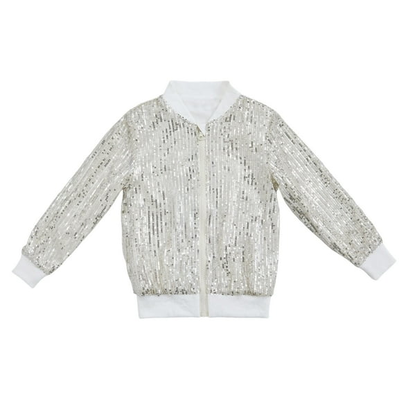 OGLCCG Girls Sequin Jacket Kids Glitter Sparkle Long Sleeves Full Zipper Bomber Coat Kids Birthday Party Shiny Dance Shiny Outwear 2-10 Years