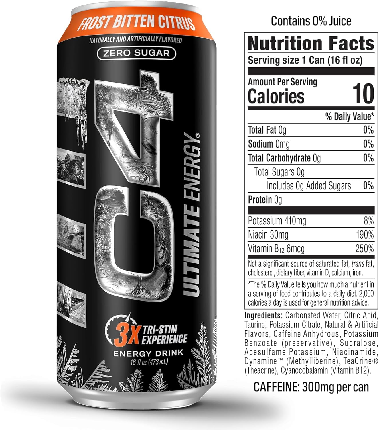 C4 Ultimate Energy Drink, Frost Bitten Citrus Flavor, Zero Sugar, Carbonated, 16 oz can (12 Pack)