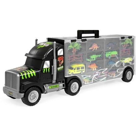 - Best Choice Products 22in 16-Piece Kids Giant Transport Semi-Truck Carrier w/ Dinosaur Figures, Helicopter, Jeep, Cars, Fence, Trees, Bushes - Multicolor
