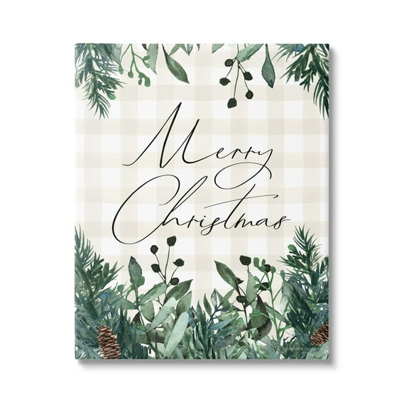 Merry Christmas Script Gingham Pinecone Botanicals Border Botanical & Floral Graphic Art Gallery-Wrapped Canvas Print Wall Art