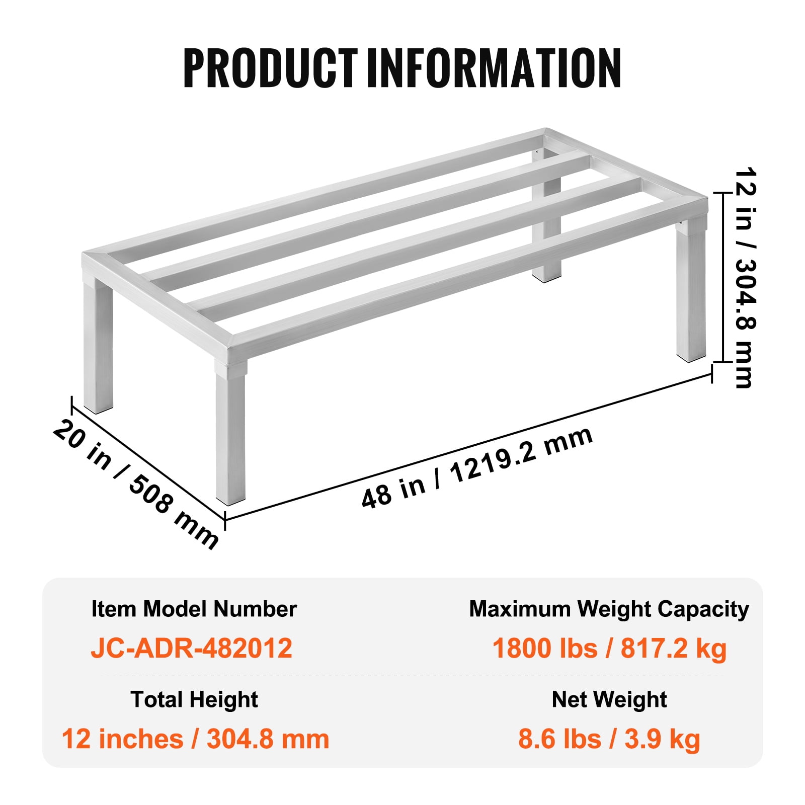 KFFKFF Aluminum Storage Stand, 48” x 20” Industrial-Grade Food Elevation Rack, Elevated 12” for Optimal Storage, Supports up to 1800 lbs, Ideal for Restaurants, Kitchens, Garages, and Transport Use
