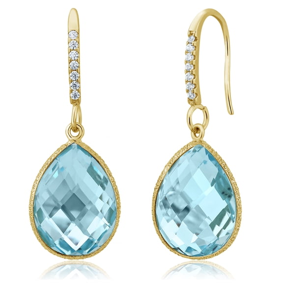 Gem Stone King 18.00 Ct Blue Topaz 16X12MM Pear Shape 18K Yellow Gold Plated Silver Dangle Earrings