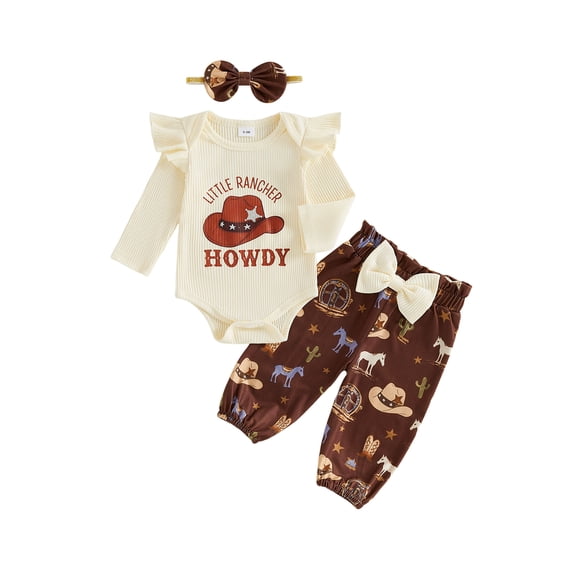 Cjfdfy Newborn Baby Girl Western Outfits Horse Cowgirl Graphic Long Sleeve Ruffle Romper Country Bow Pants Headband Cute Country Cowgirl Halloween Fall Winter Clothes 0-18M