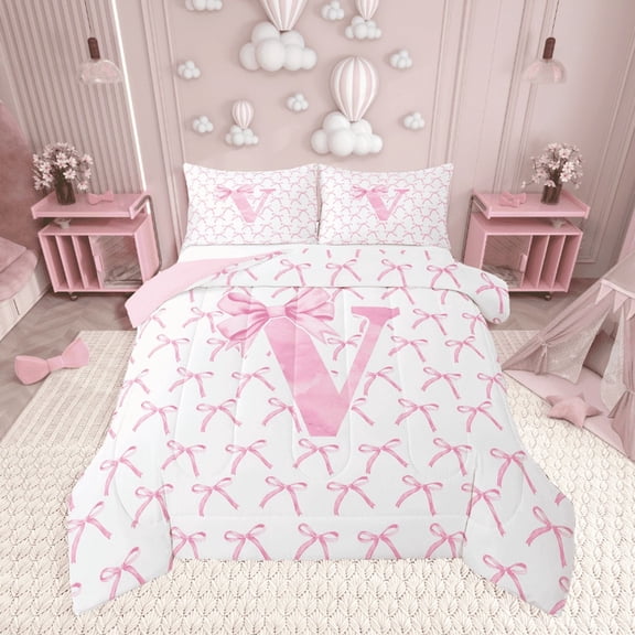 Erosebridal Kawaii Bowknot Bedding Twin Comforter Set,Initial Letter Down Comforter,Monogrammed Decor,Reversible,Lightweight,2-Piece