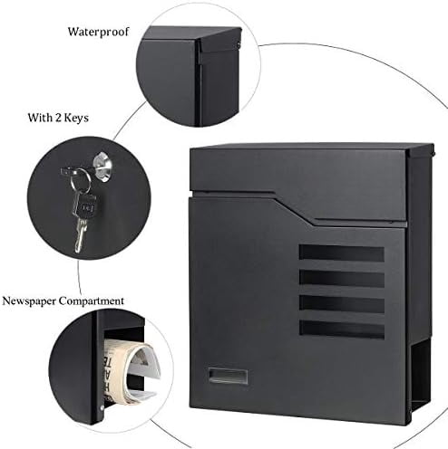 Locking Mailbox Wall Mount- Waterproof mailboxes with Secure Key Lock and Newspaper Compartment, Key Lock Drop Box Extra Large Capacity, 12.9 x 4.1 x 14.2 Inch, SM-HPB938 Black New
