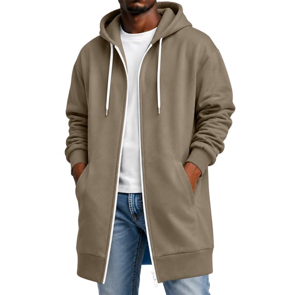 Zip Up Long Hoodie for Men Casual Long Sleeve Hoodie Long Jacket Fleece Lined Work Daily Athletic Jacket with Pockets Khaki L