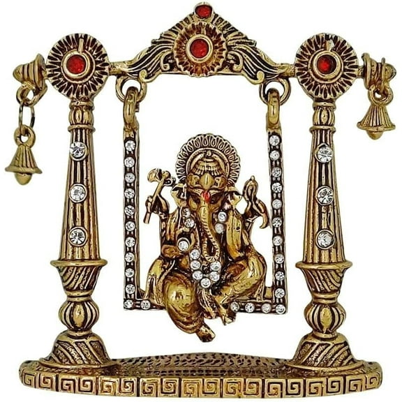 MASSIVE MART Ganesh Ji, Ganesha, Shidhi Vinayak Ji Golden Idol on Jhula Statue for Car Dashboard | Mandir Pooja Murti | Temple Puja | Home Decor | Office Table Showpiece