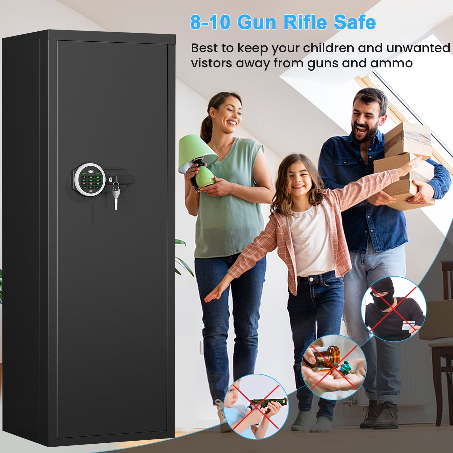 Kavey 6-8 Gun Safe for Shotguns, Large Unassembled Gun Safe for Shotguns with Dual Alarm and Mute Mode, Long Gun Cabinet for Guns with Touchscreen Pad, Removable Shelves