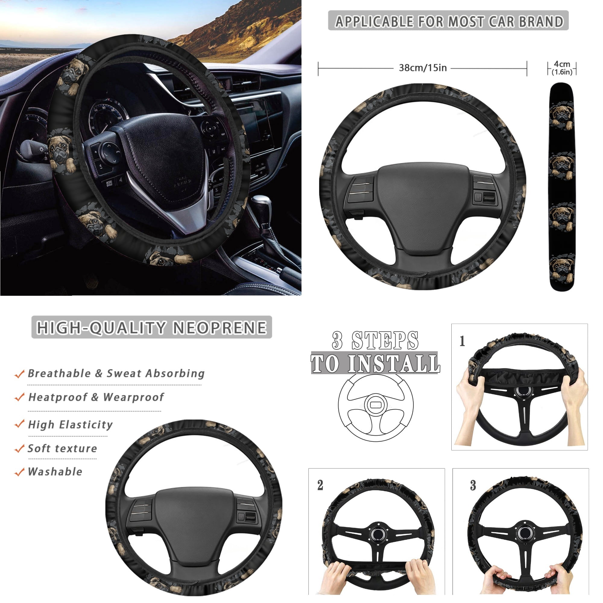 Yuyamidu 3D Pug Car Seat Cover Set of 14 Black Steering Wheel Cover Seat Belt Pads Waste Basket Bin Rearview Mirror Cover Cup Holder Cute Center Console Cover Handbrake Cover Gear Shift Cover
