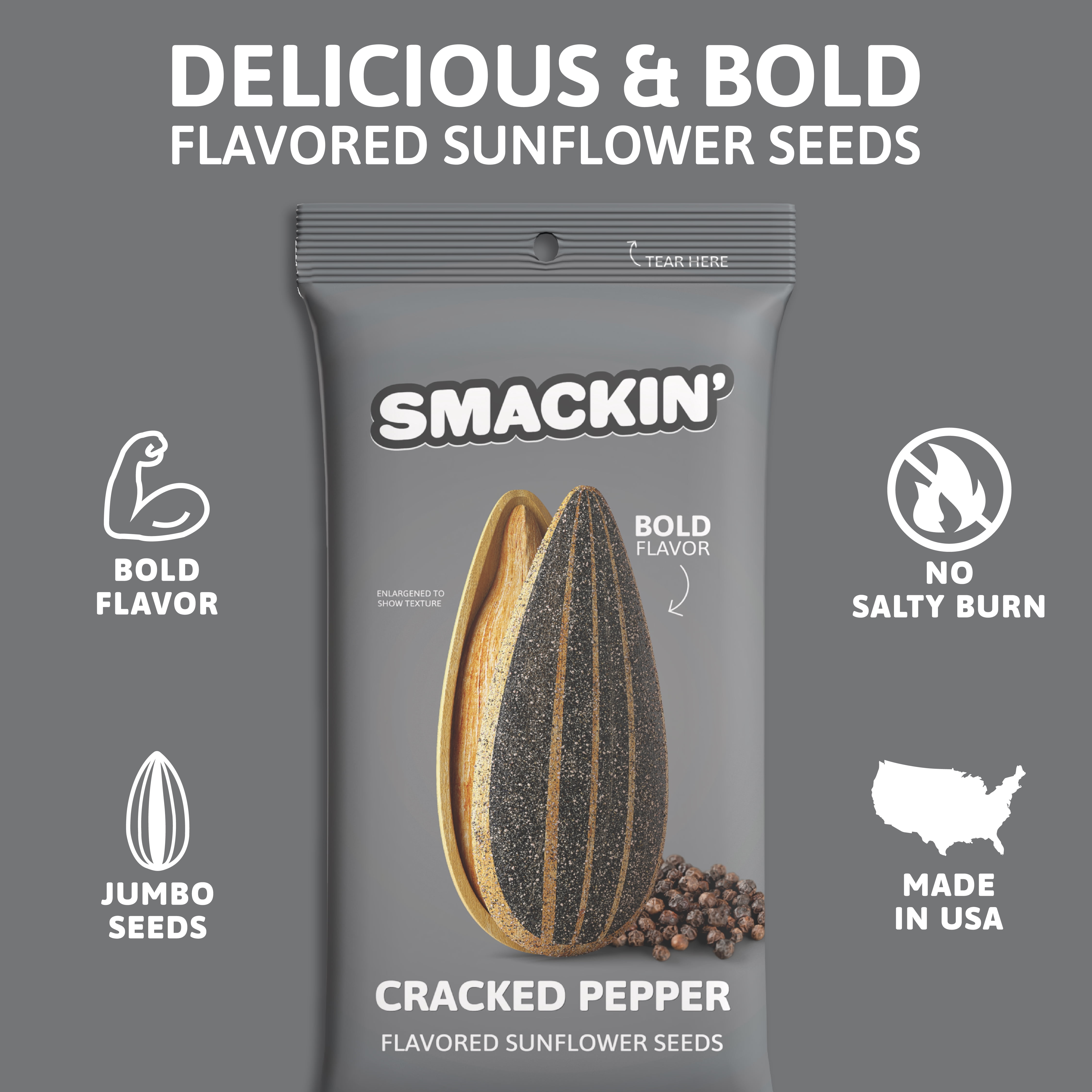 SMACKIN' - Jumbo Roasted Sunflower Seeds, No Salty Burn, American Made, Easy Pour & Seal - Cracked Pepper, 4oz bag (12 Bags)