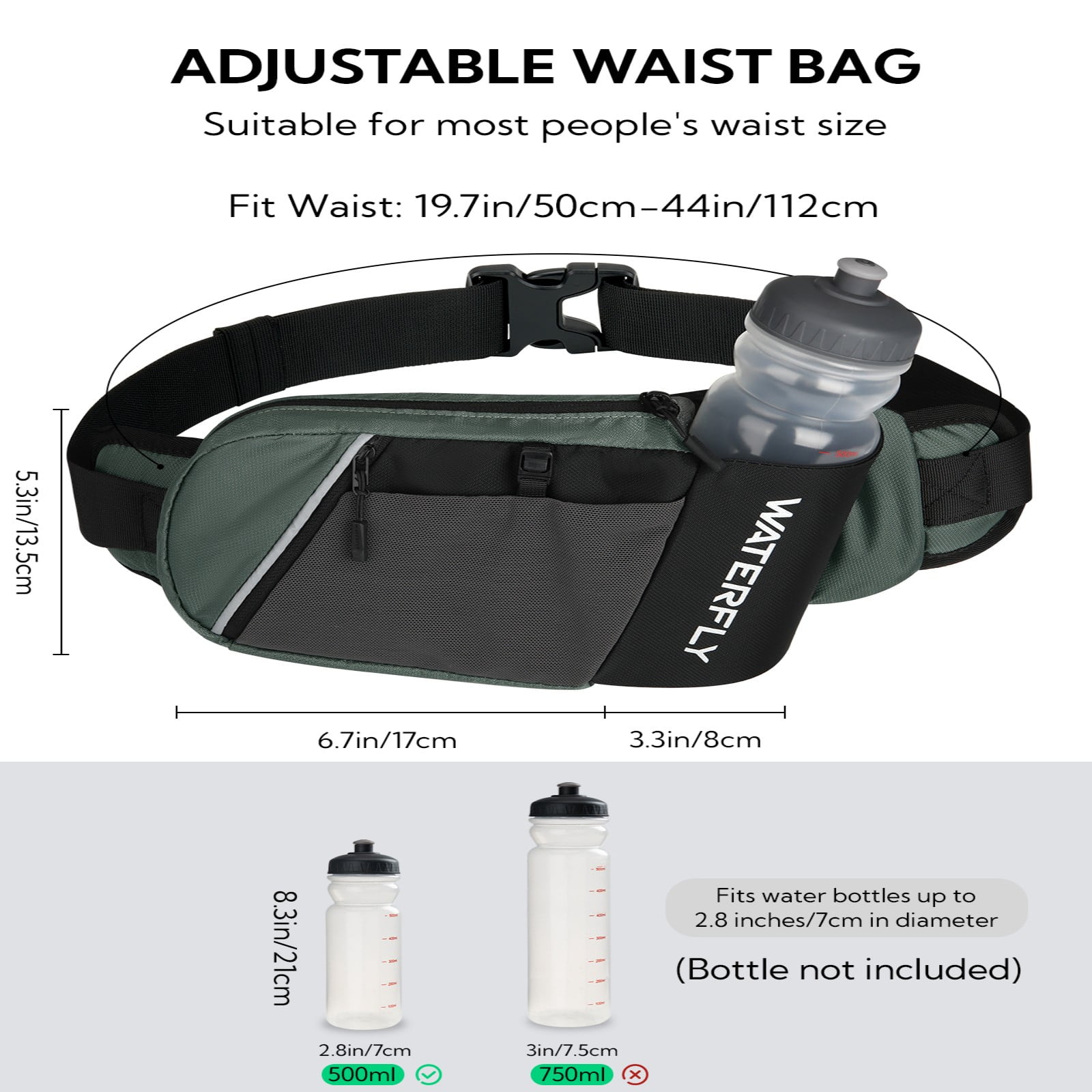 WATERFLY Unisex with Bottle Holder Walking Hiking Nylon Fanny Pack Waist Bag,Black Gray