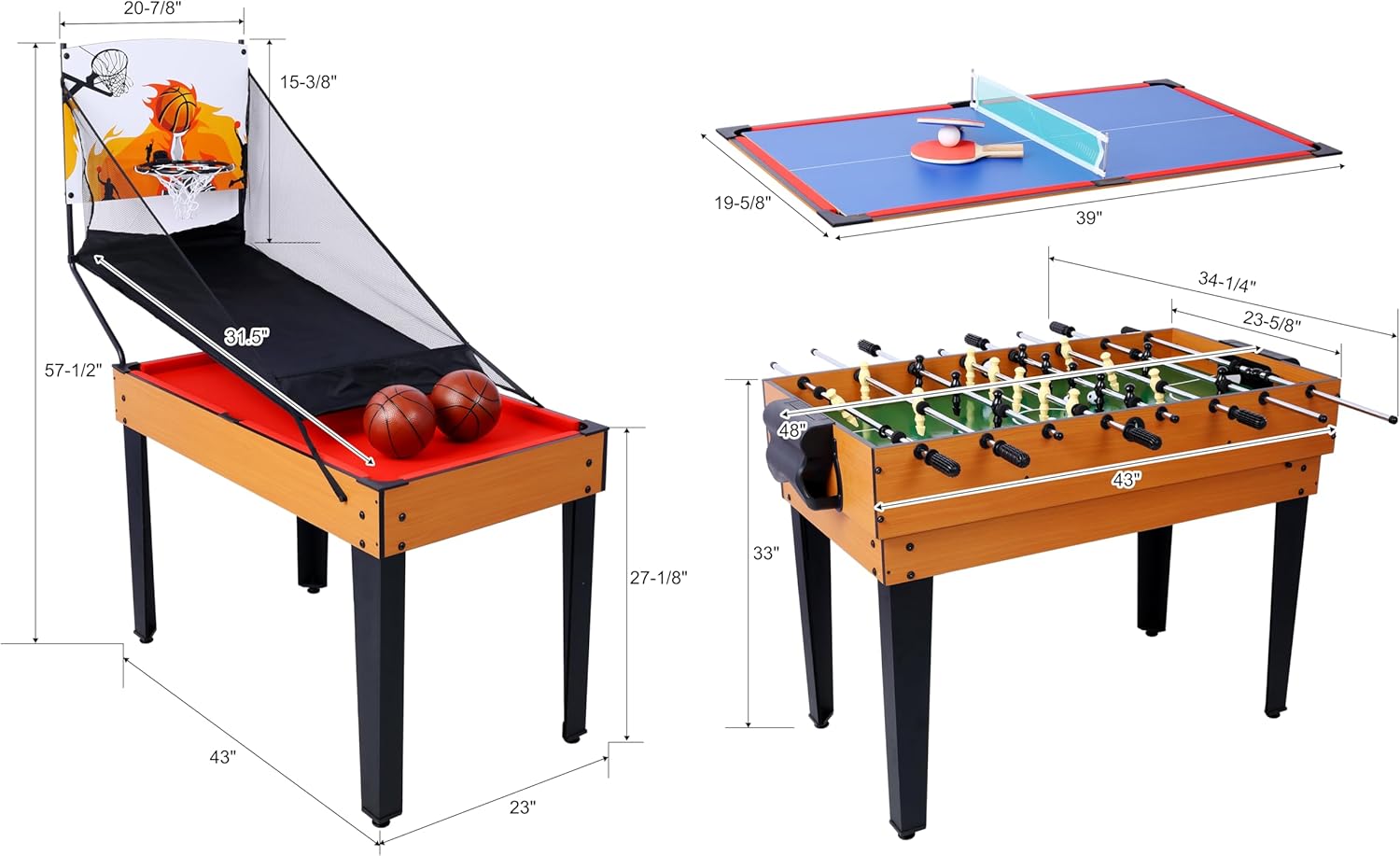 43“ Upgrade 5-in-1 Multi-Game Table - Billiards, Push Hockey, Foosball, Ping Pong, and Basketball brown /red
