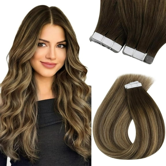 Sunny Hair Tape in Extensions in Brown Ombre Blonde Mix Medium Brown Balayage Tape 100% Real Human Hair for Women 20pcs 50g 18inch