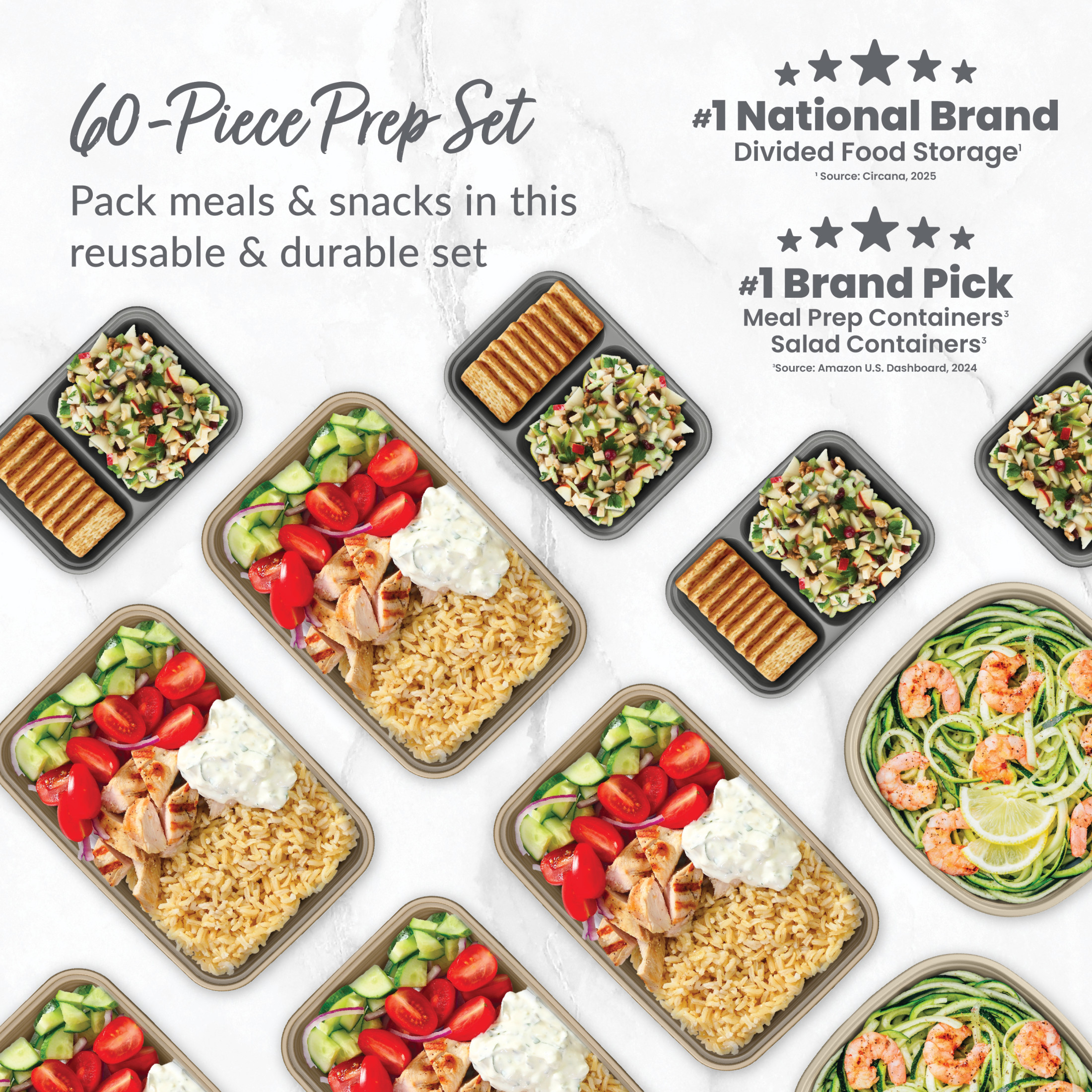 Bentgo Prep 60-Piece Variety Meal Prep Kit - Reusable & BPA-Free Food Containers 1-Compartment Trays, Prep Bowls, & Snack Boxes - Microwave, Freezer, & Dishwasher Safe (Gleam Metallics)