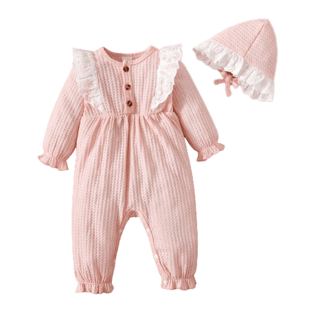 

Mikrdoo Baby Girls Clothes Long Sleeve 9 Months Girls Lace Romper 12 Months Girls With Hat 2Pcs Romper Set Pink
