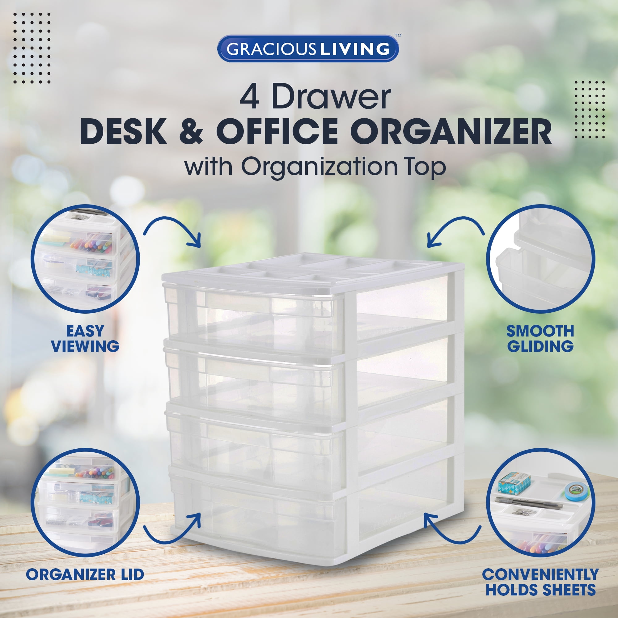Gracious Living 4 Drawer Desktop Storage w/ Organizer Lid, White (3 Pack)