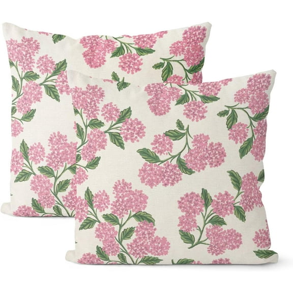 Preppy Pink Spring Pillow Covers 18x18 Inch 2 Pcs Green Hydrangea Flower Decor Throw Pillows Vintage Floral Seasonal Summer Outdoor Decoration Pillowcase Linen Cushion Cover for Couch Sofa