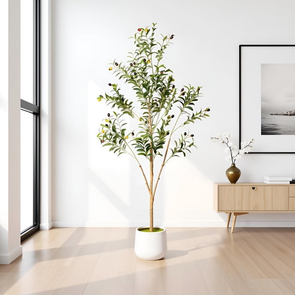 Artificial Olive Tree with White Pot - Faux Olive Tree for Home Decor, Tall Artificial Plants Indoor, Realistic Trunks Foliage Fruit, Office Decor (5FT)
