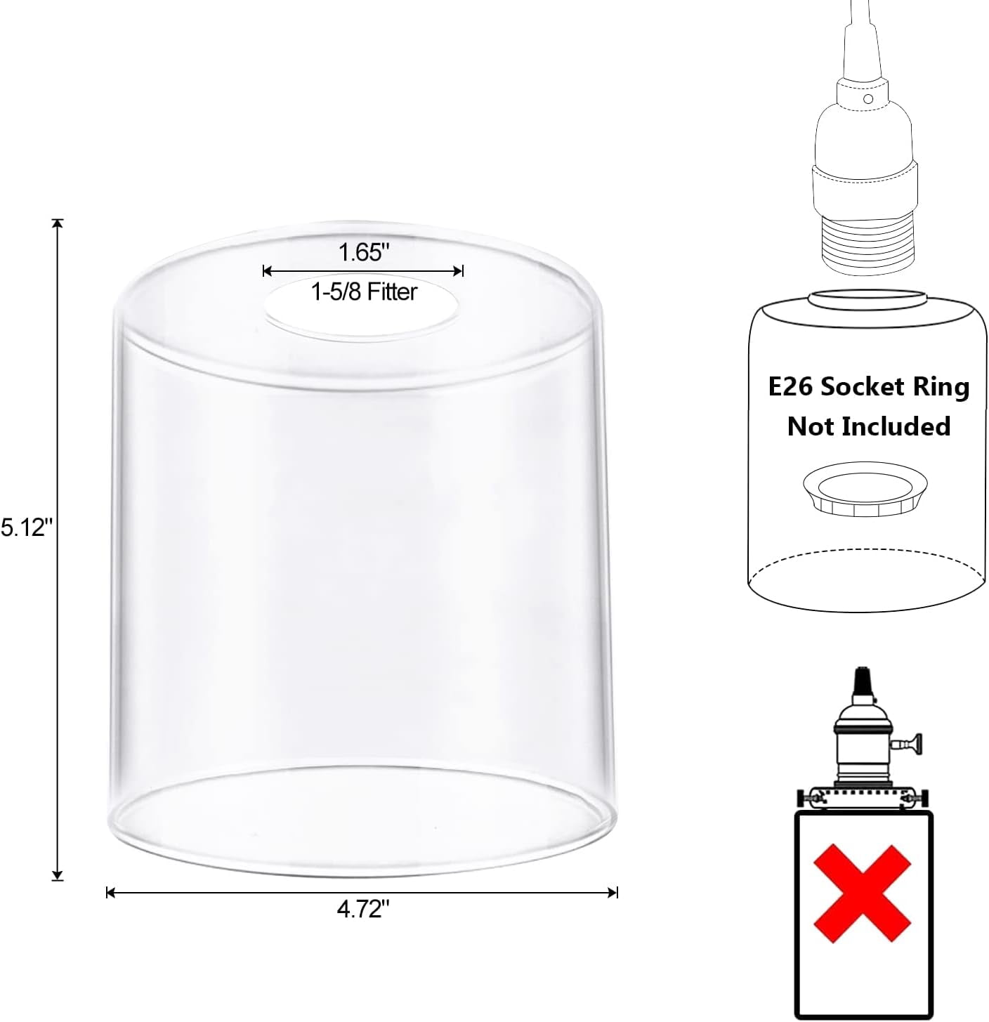 1 Pack Clear Glass Lamp Shade, with 1-5/8" Fitter Opening, Cylinder Glass Lamp Shade Replacement for Table Lamps,Wall Lamps,Pendant lights and Bathroom Vanity lights