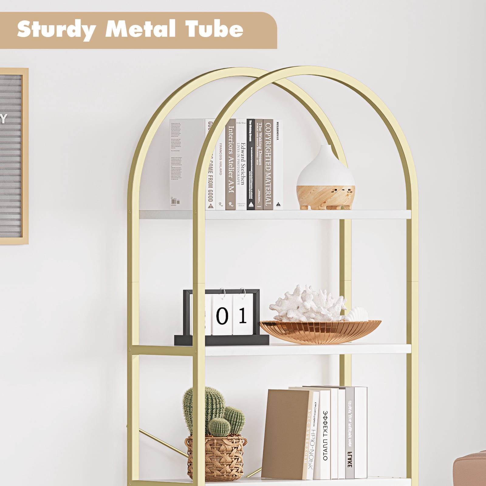 Yesfashion Bookshelf 5 Tier Bookcase Arched Display Racks Tall Standing Bookshelves Mental Frame Modern Storage Rack Shelf Large Wood Book Shelf for Bedroom, Living Room, Home Office, White/Gold