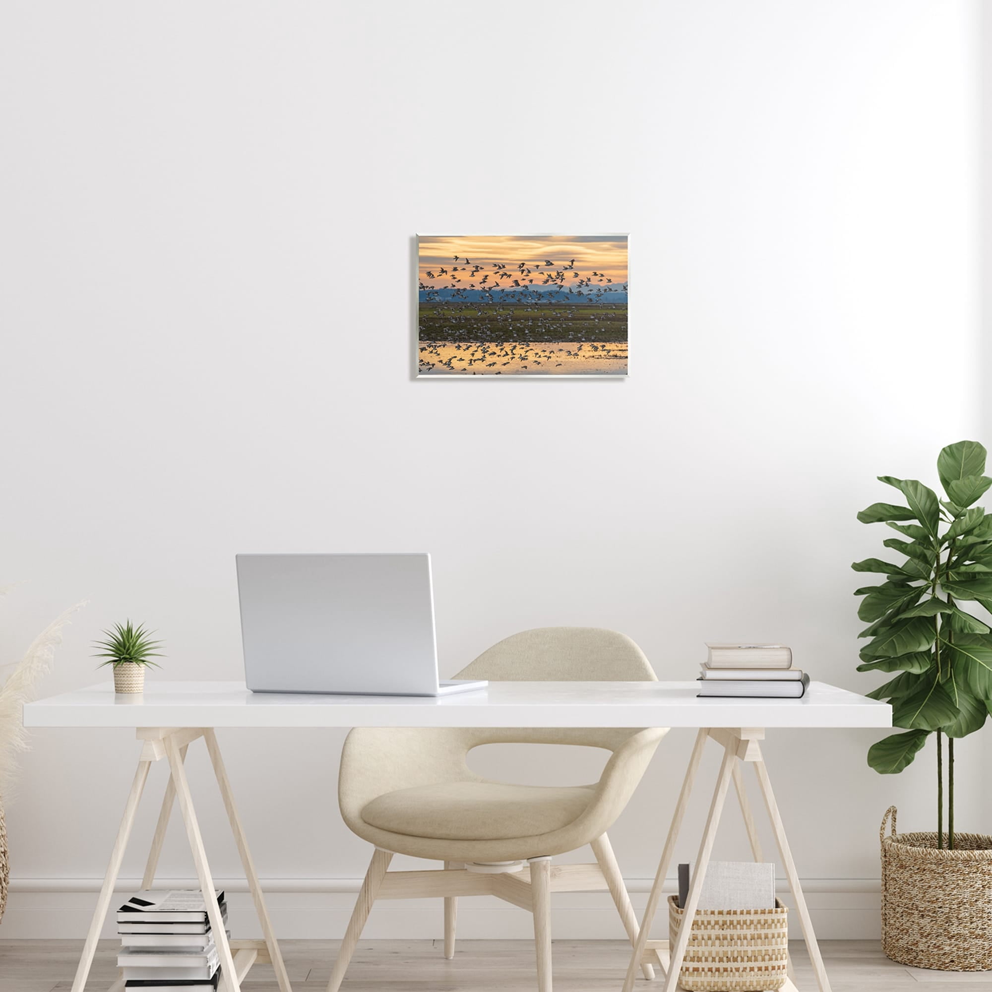 Stupell Industries Flock of Birds Flying Lake Reflection Orange Sunset Painting Unframed Art Print Wall Art, Design by Nancy Crowell
