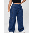 thumbnail image 2 of Plus Size Women High‑Waist Washed Vintage Cargo Jeans, Loose Wide‑Leg Multi‑Pocket Casual Denim Trousers, 2 of 6