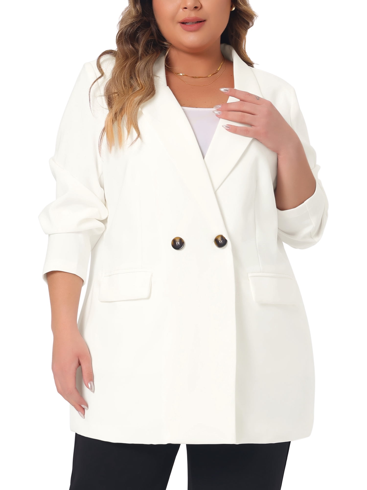 DARING DIVA Women's Plus Lapel Button with Pocket Jackets Long Blazer 2X White
