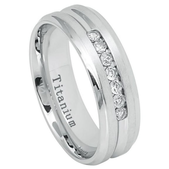 7mm White IP Plated Brushed with 7 CZs on Grooved Center Wedding Band Ring For Men Or Ladies
