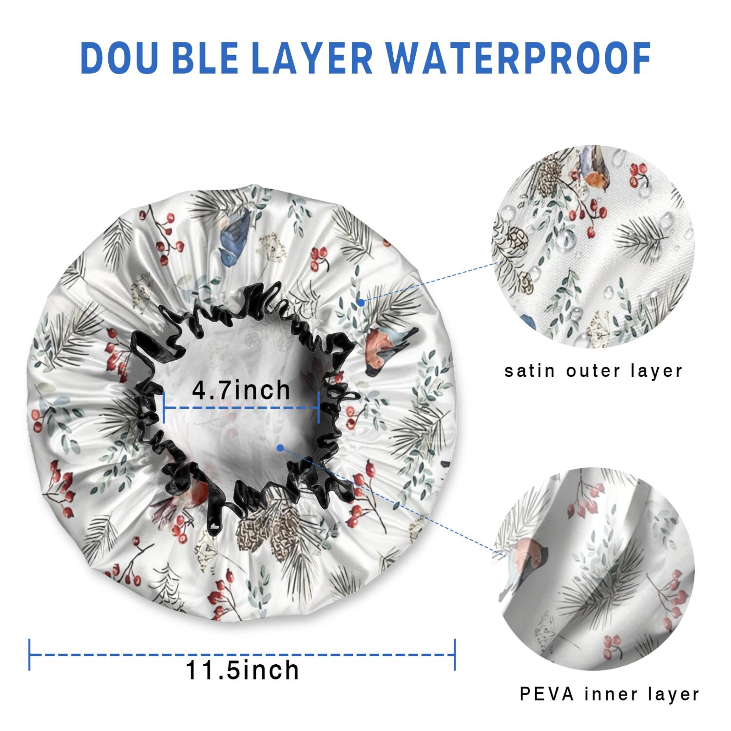 Shower Caps,White Christmas Bird and Pine Pattern Waterproof Shower Cap for Women 4 Pieces,Double Reusable Hair Cover for Shower PEVA Elastic Stretch Hem