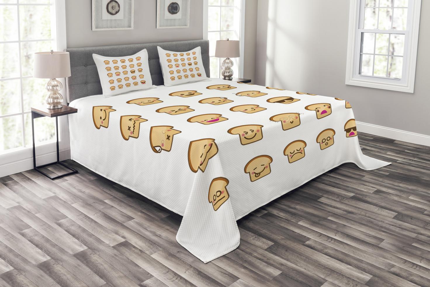 Emoji Bedspread Set Queen Size, Different Emotions in Bread Style Funny  Singing Dizzy and Angry Icons Pattern Print, Quilted 3 Piece Decor Coverlet  Set with 2 Pillow Shams, Peach Brown, by Ambesonne 