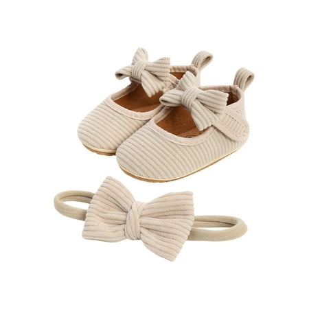 

Newborn Baby Girls Mary Jane Flats with Bows Soft Sole Non-Slip Crib with Headband