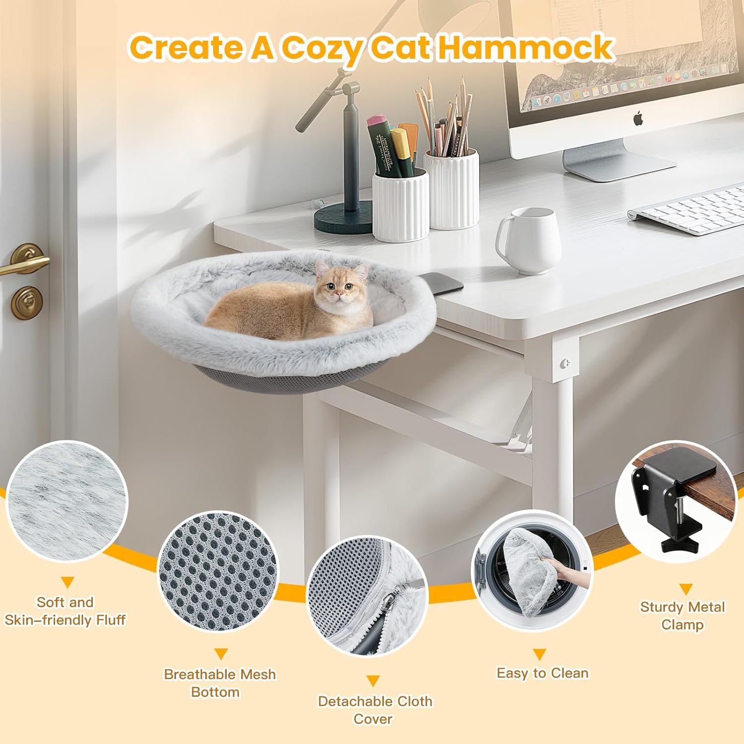 Pawaboo Cat Desk Bed, Sunken Cats Hammock with Steel Clamp Hold up to 40lbs, One-click Foldable Cat Side Table Beds with Soft Plush, Reversible & Washable Hanging Cats Bed for Game Office Home Deskto