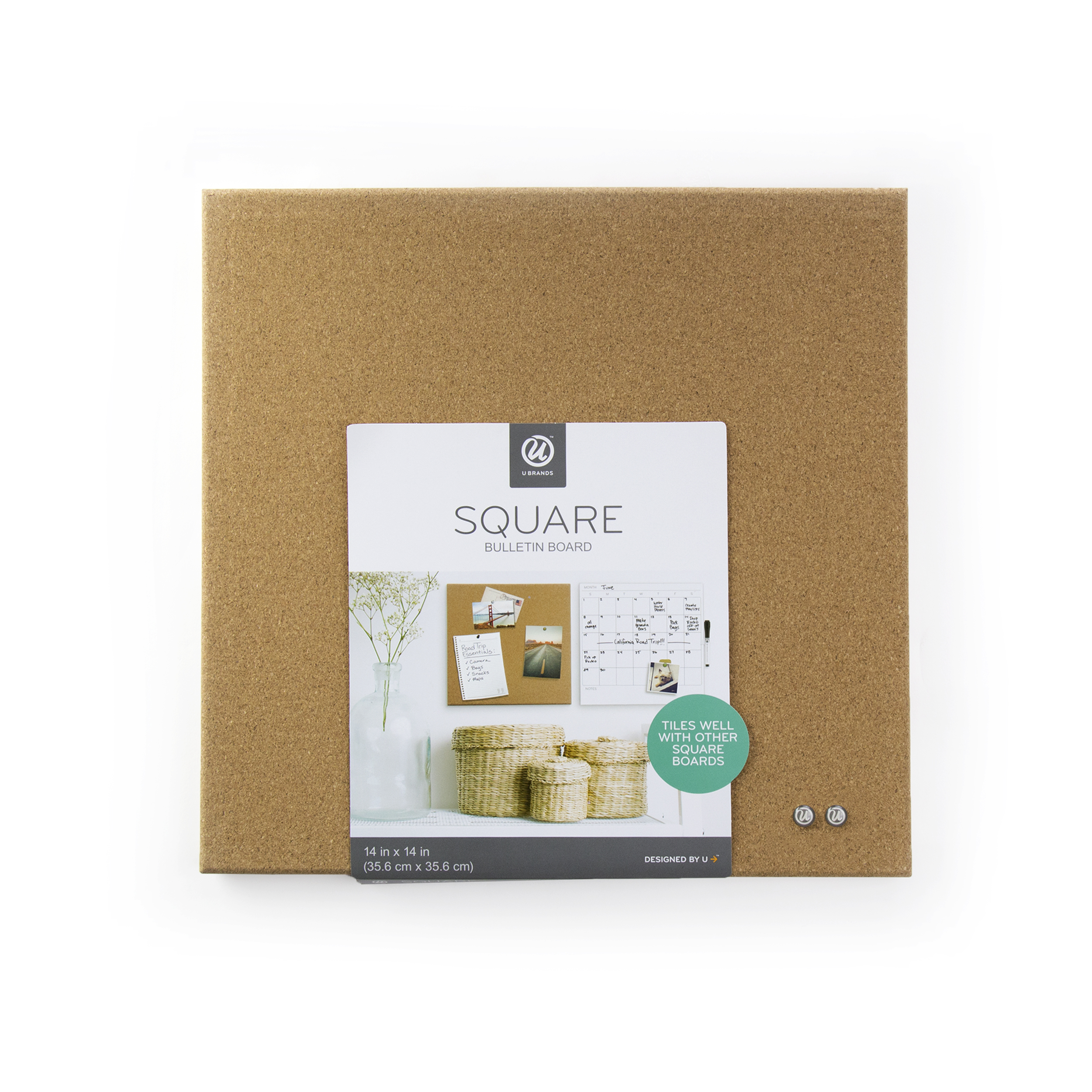 U Brands Square Frameless Cork Bulletin Board, 14 x 14 Inches, Natural