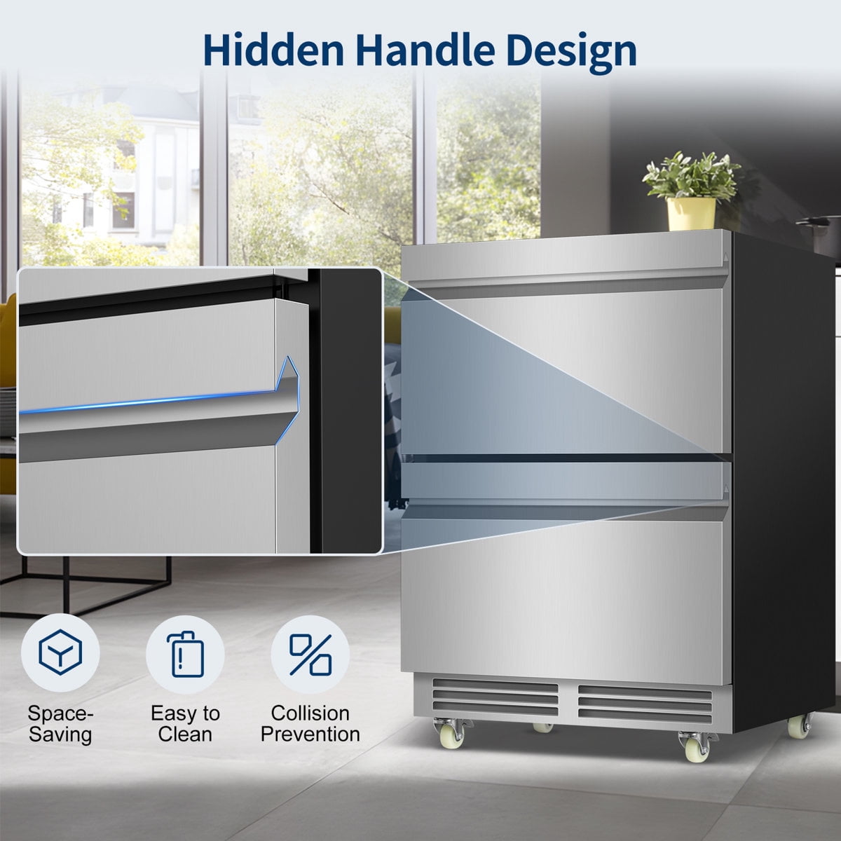 24-Inch Beverage Refrigerator Freestanding Or Built-In With Recessed Handle, Drawer Cooler, Under Counter, Locking Swivel Casters, Led Light, And Grid Organizer Home & Commercial Use