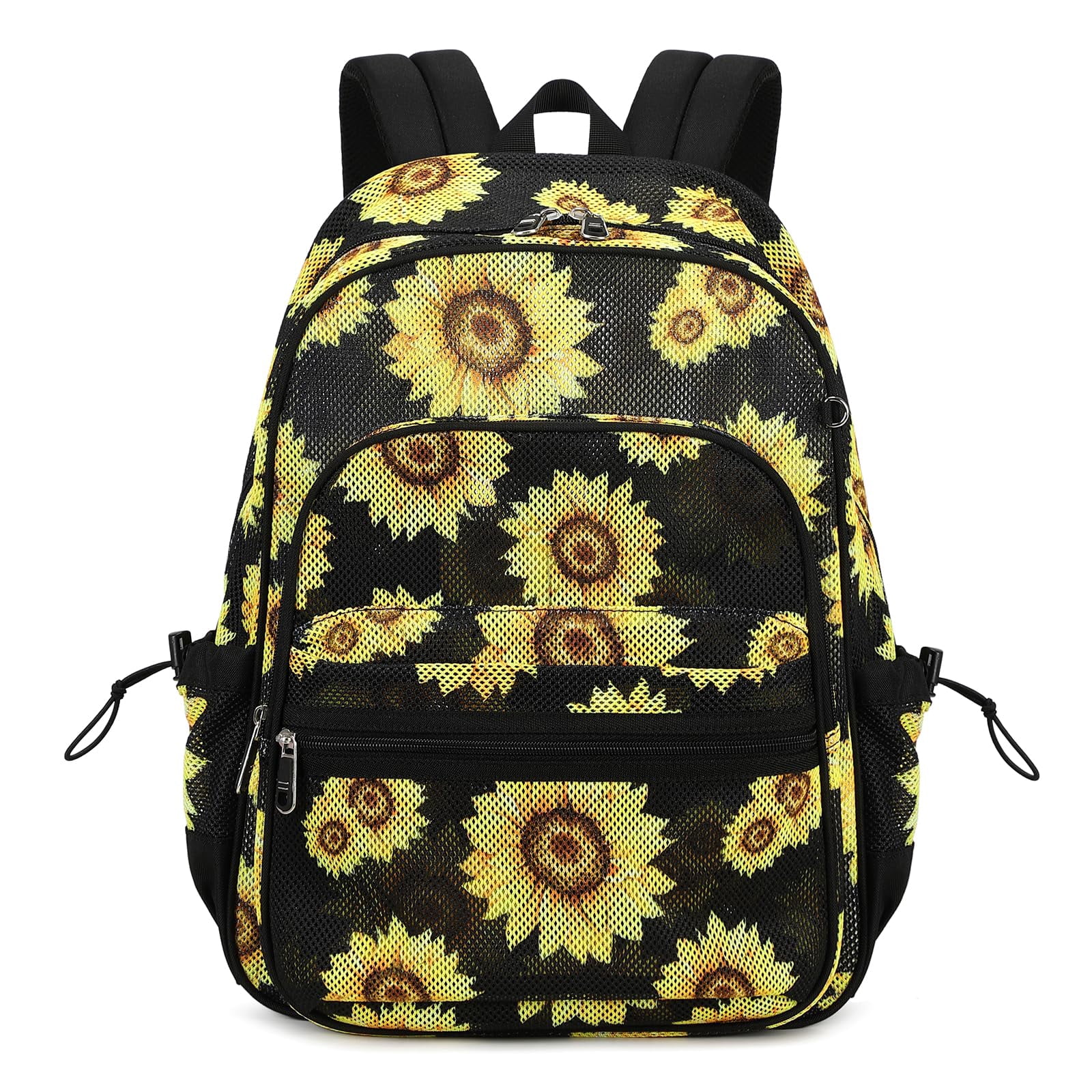 Soda Candy Mesh Backpack Heavy Duty See Through School Backpacks Transparent Bookbag Semi-Transparent Net Book Bags for Swimming, Beach, Sports, Work, Travel, Black Sunflower