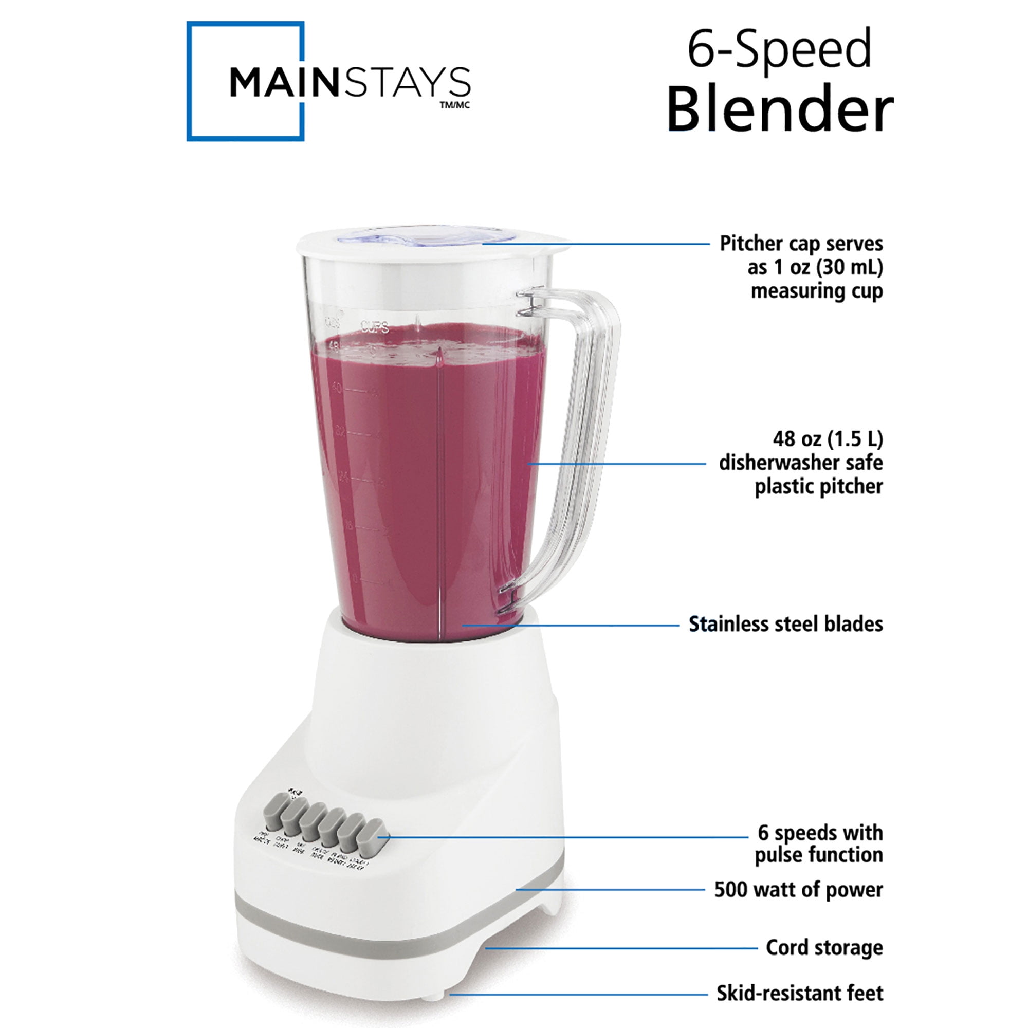 Mainstays 6 Speed Blender with 48 Ounce Jar with Stainless Steel Blade,White