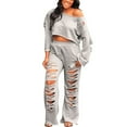 thumbnail image 2 of Idoravan Women Sets Clothing Clearance Womens Casual Fashion Sexy Hollow Out Solid Color Off Shoulder Ripped Top Trousers Pants Set, 2 of 7
