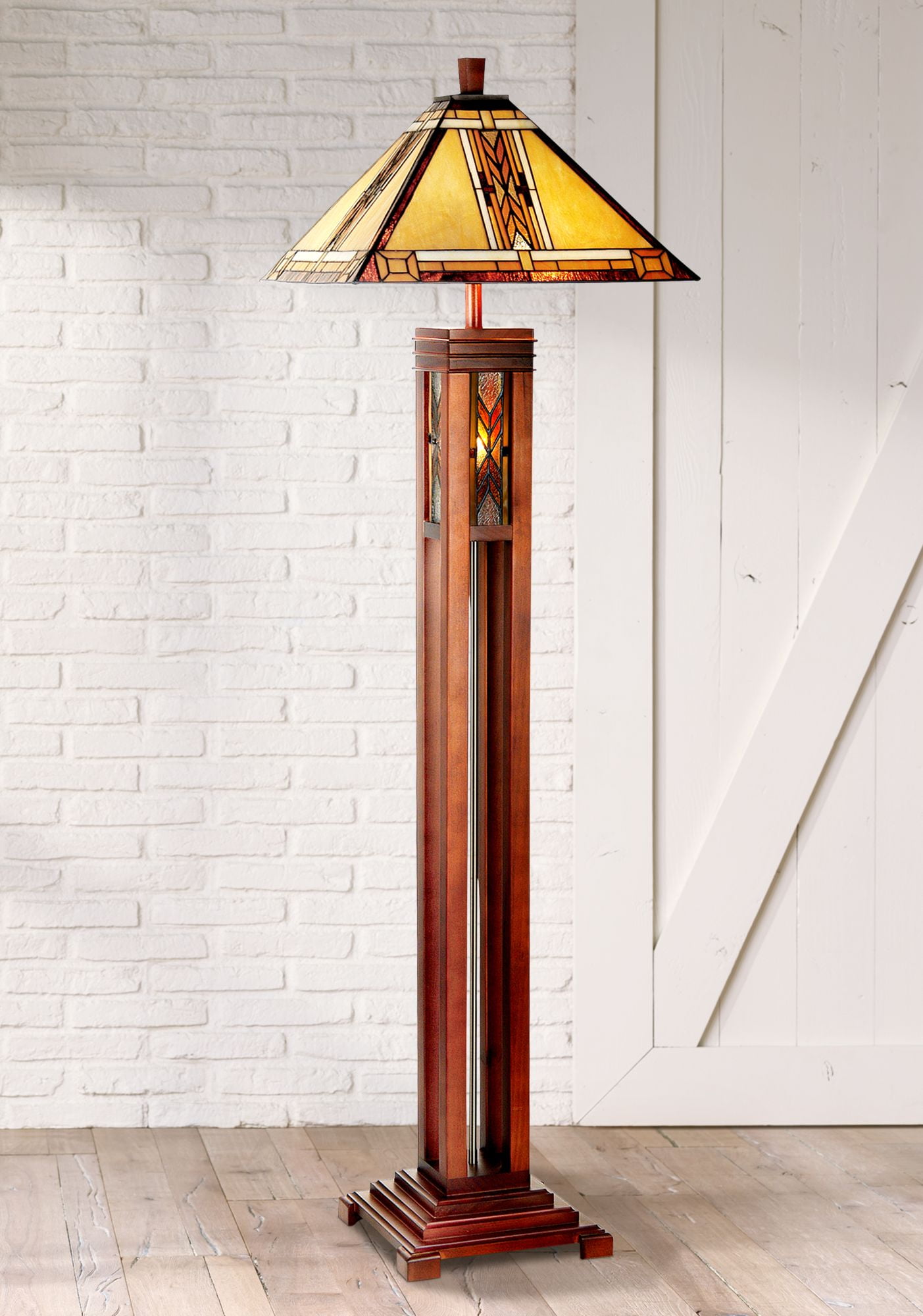 Robert Louis Mission Floor Lamp With Nightlight Walnut Wood Column Stained Glass Shade For Living Room Reading Bedroom