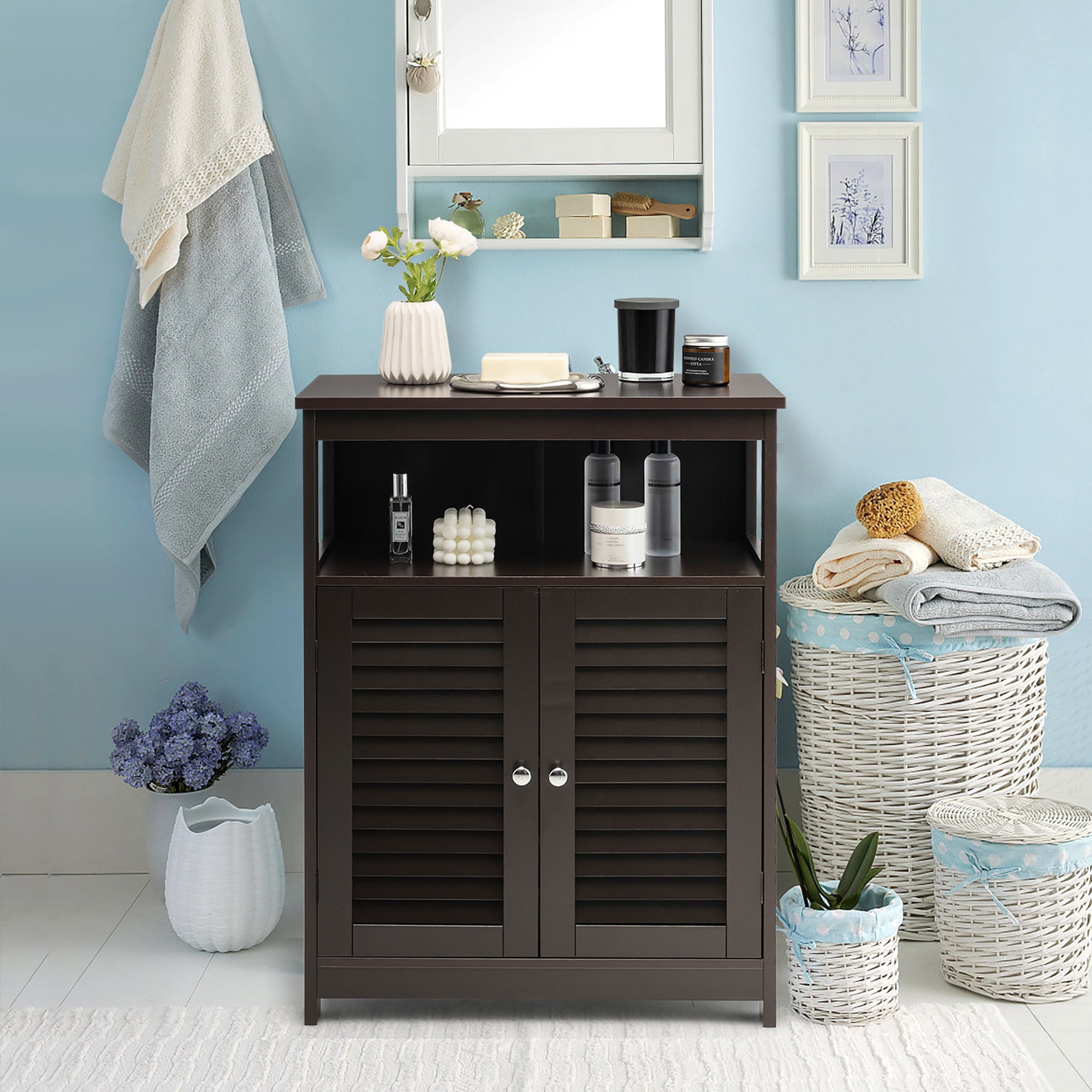 Costway Bathroom Storage Wood Floor Cabinet with Double Shutter Door Coffee