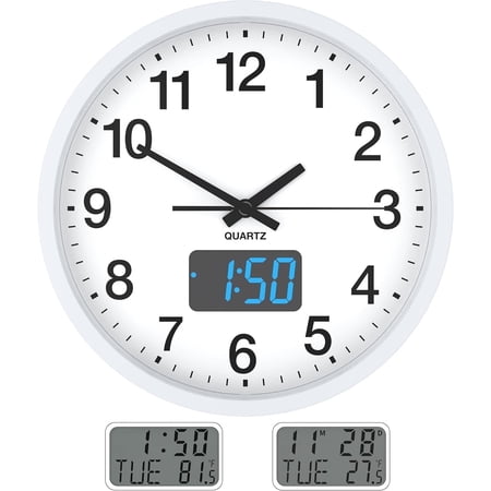 Wall Clock, 12 Inch Analog Clock with LED Digital Clock/LCD Time Date and Temperature Display, Battery Operated, Dial Ultra-Quiet Movement Quartz Wall Clock for Office Classroom School Home Bedroom