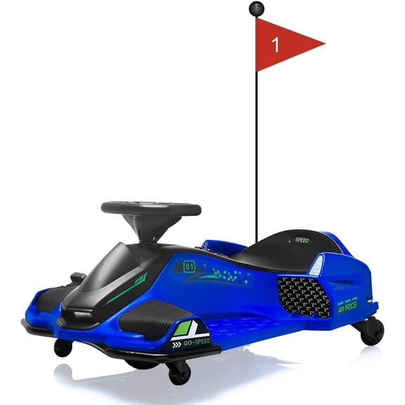 12V Electric Ride On Drift Go Kart 45W Brushless Motor 5 Mph 5 Wheels LED Lights and Music for Ages 8-12 Blue