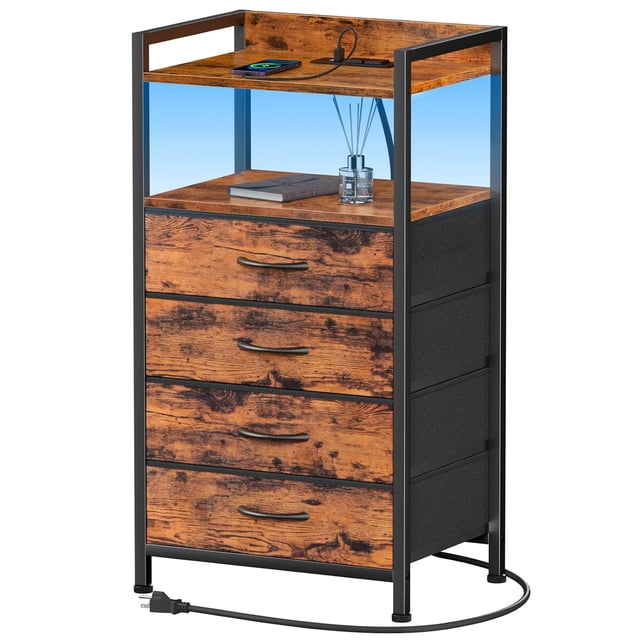 FURRIFIC Buro para Recámara con Estación De Carga, Mesa de Noche para Recámara con 2 Enchufes y 2 Puertos USB, Mesita De Noche Retro, Muebles para Recamara, Mesa Auxil