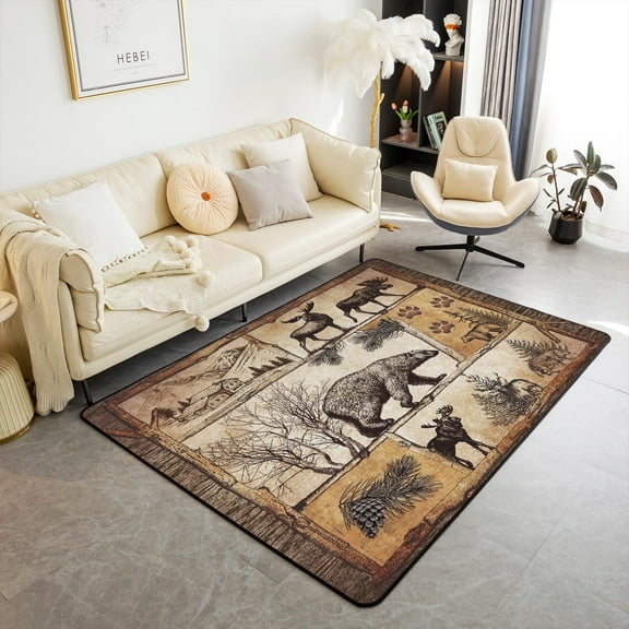 Erosebridal Lodge Cabin Area Rug 5x7 Woodland Animals Farmhouse Rug,Bear Moose Elk Deer Non Slip Washable Carpet For Bedside Retro Cottage Reindeer Pine Trees Rustic Decorative Rug