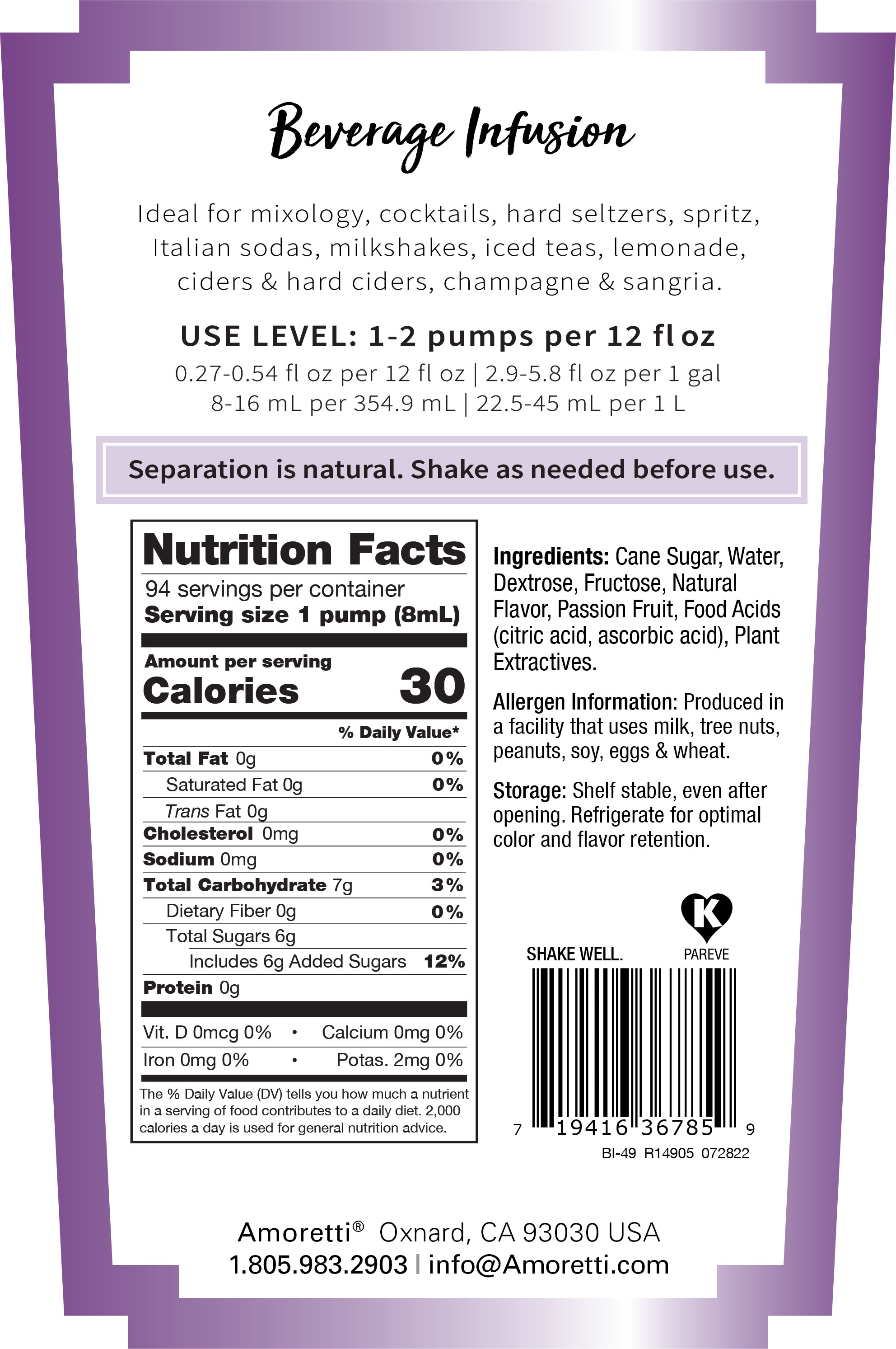 Amoretti Passion-Orange-Guava Beverage Infusion - 750ml Drink Mix With Pump For Cocktails & Waters