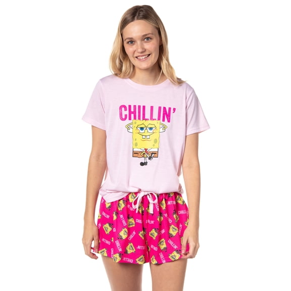 Nickelodeon SpongeBob SquarePants Women's Chillin' 2-Piece Short-Sleeve Pajama Short Set Sleepwear Loungewear