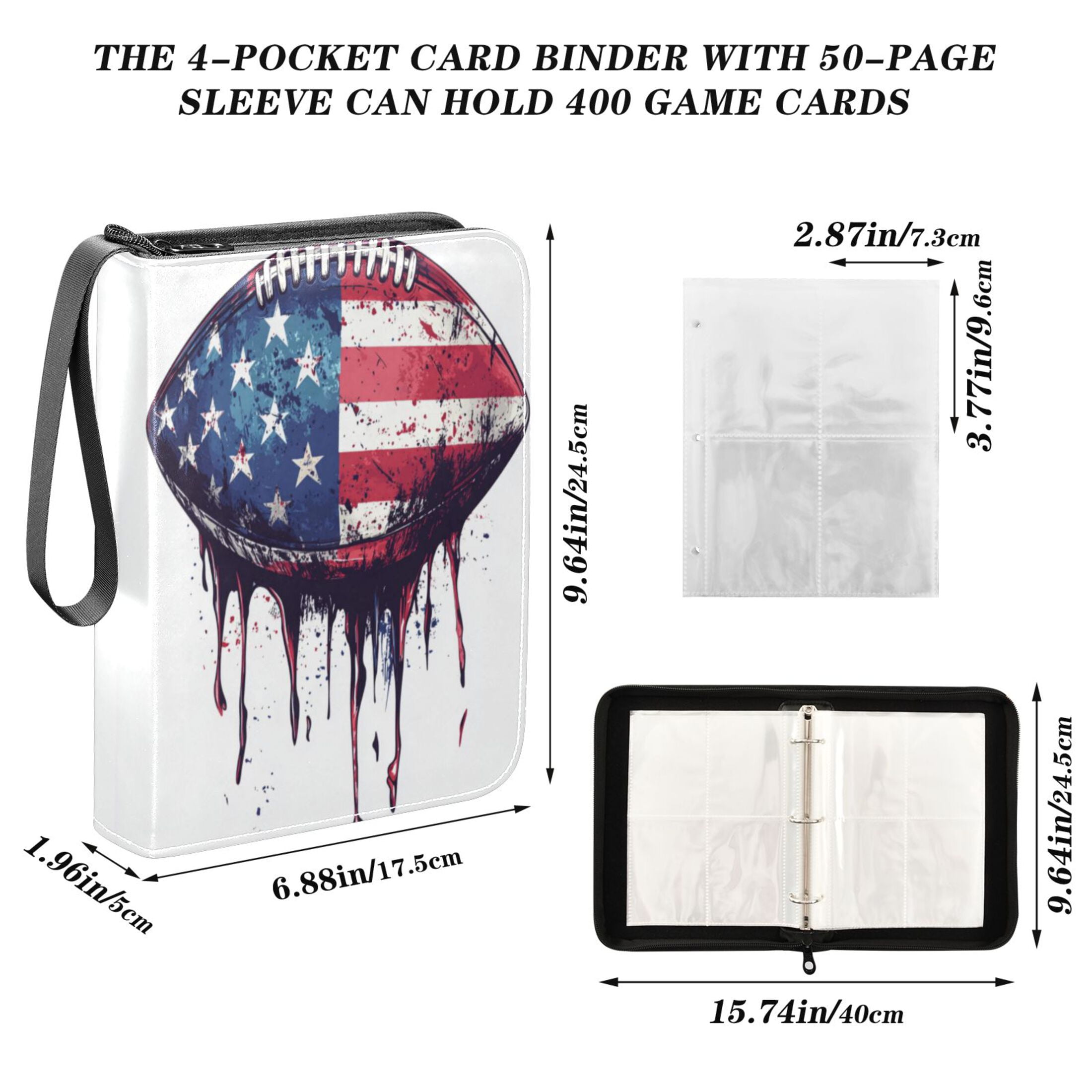 400 Pockets Trading Cards Album,Card Binder 4-Pocket, Cards Collector Album Holder Fits 400 cards with 50 removable sheets Football with An American Flag Design